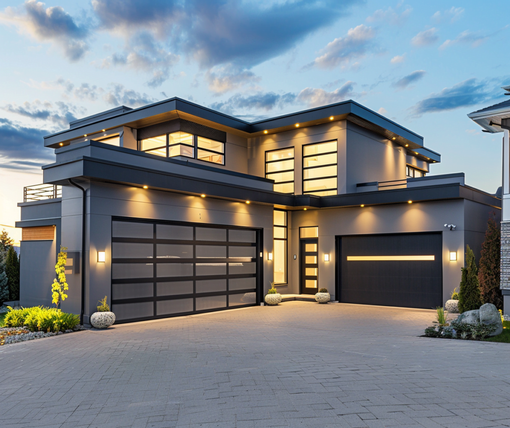 Nowoczesny dom w lekkim mroku z zapalonymi światłami. Dom jest szary z czarnym garażem