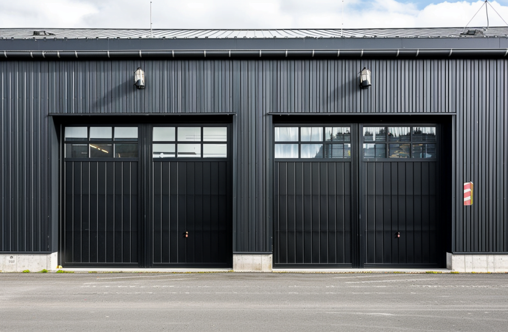 Dwie czarne nowoczesne bramy przemysłowe